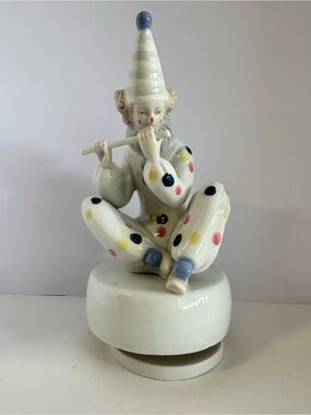 Vintage High-gloss china polka dots clown with flute music box 8 1/2 Tall